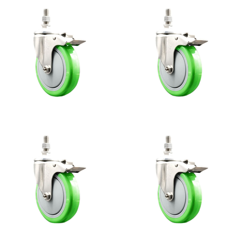 Polyurethane Swivel Stem Caster with 5 in. Green Caster Wheels, 10 mm Threaded Stems - 316 Stainless Steel Casters - Set of 4