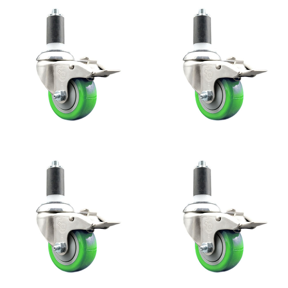 Polyurethane Swivel Stem Caster with 3 in. Green Caster Wheels, 1.25 in. Expanding Stems - 316 Stainless Steel Casters - Set of 4