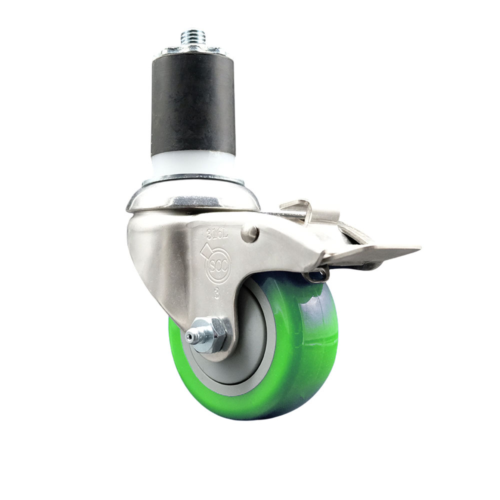 Polyurethane Swivel Stem Caster with 3 in. Green Caster Wheels & Total Lock Brake, 1.87 in. Expanding Stem - 316 Stainless Steel Caster