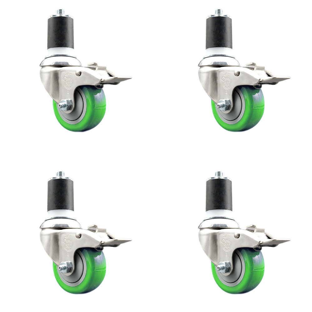 Polyurethane Swivel Stem Caster with 3 in. Green Caster Wheels, 1.87 in. Expanding Stems - 316 Stainless Steel Casters - Set of 4