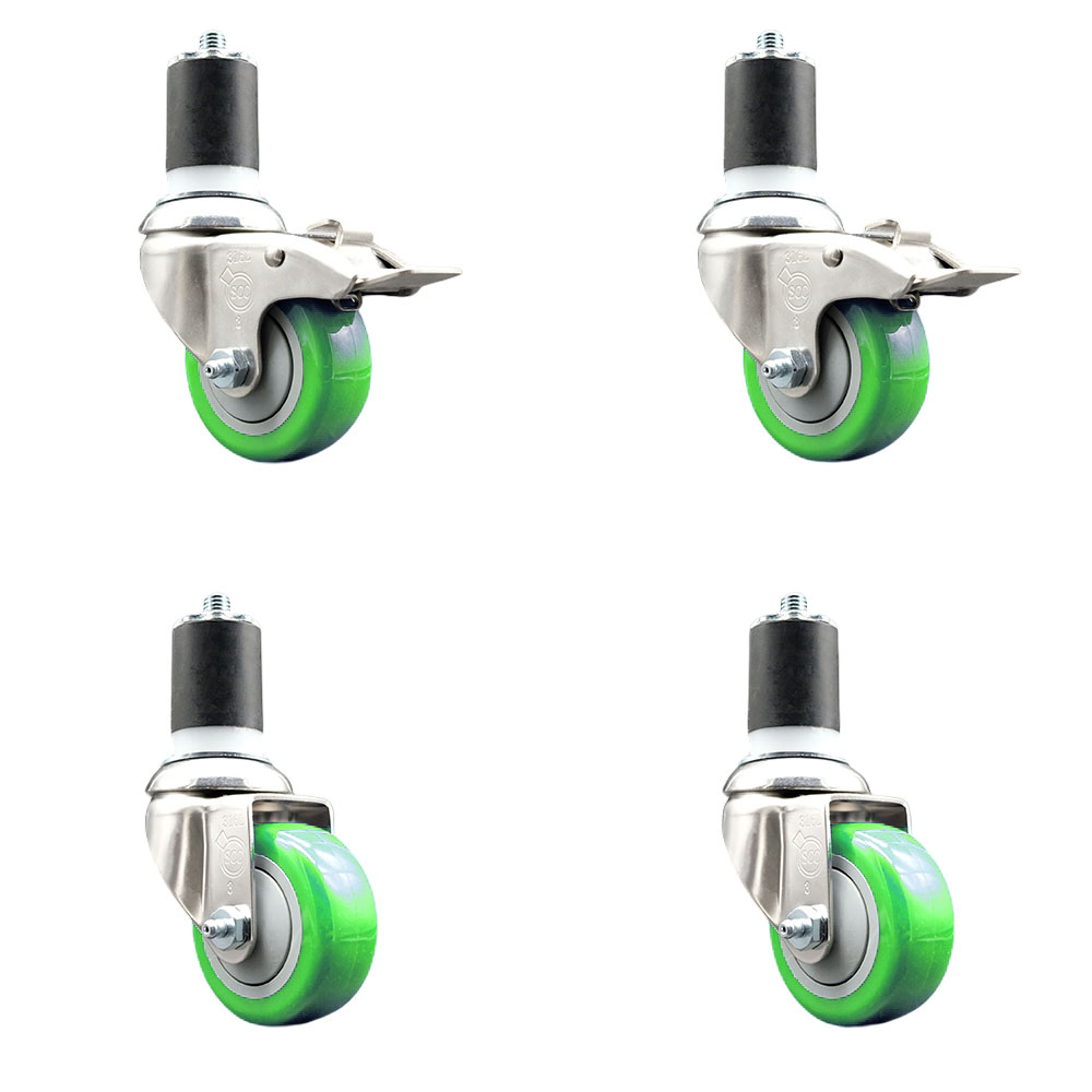 Polyurethane Swivel Stem Caster with 3 in. Green Caster Wheels, 1.75 in. Expanding Stem - 316 Stainless Steel Casters - Set of 4