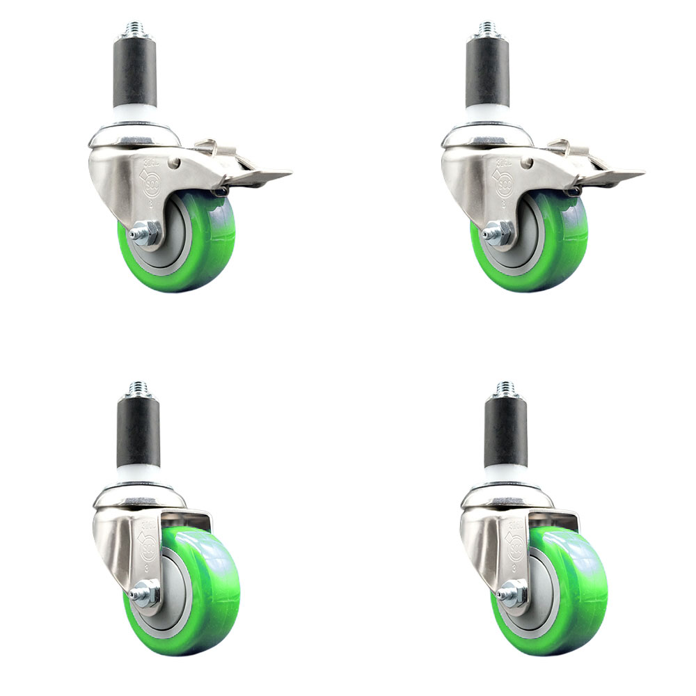 Polyurethane Swivel Stem Caster with 3 in. Green Caster Wheels, 1.38 in. Expanding Stem - 316 Stainless Steel Casters - Set of 4