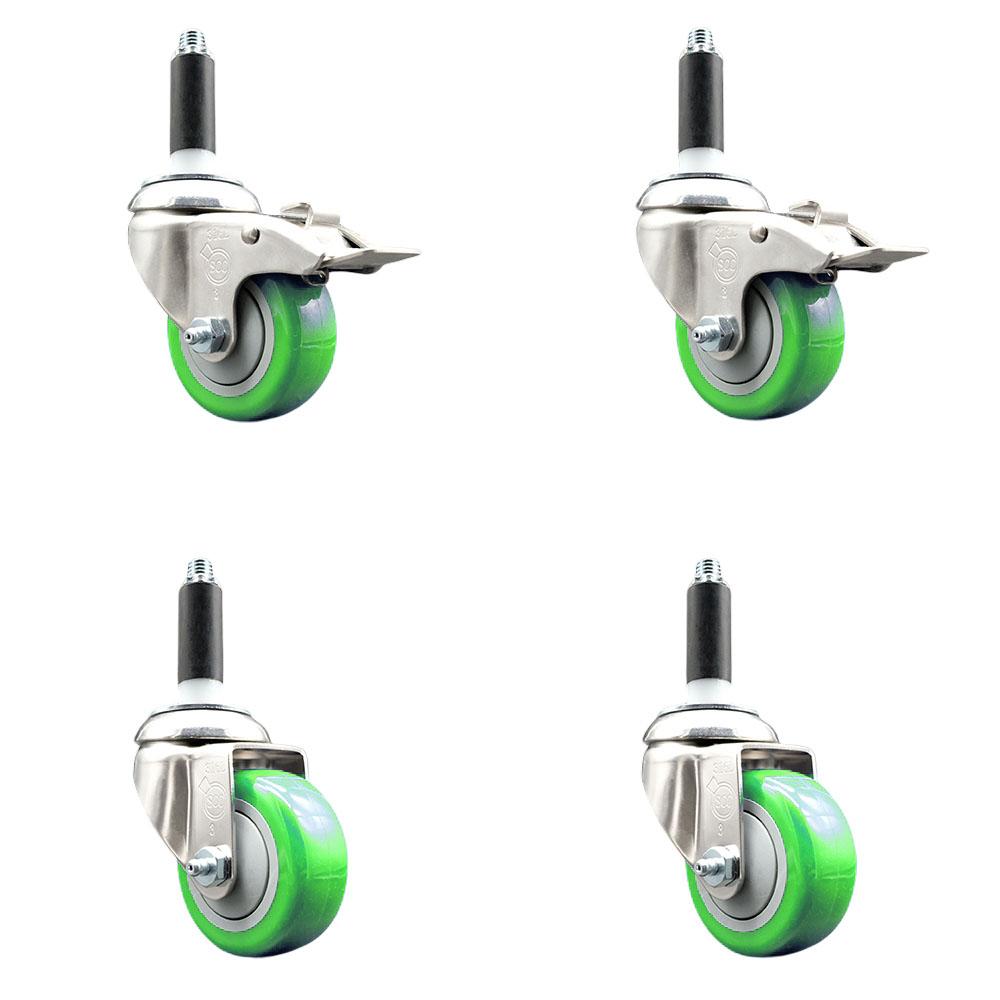 Polyurethane Swivel Stem Caster with 3 in. Green Caster Wheels, 0.75 in. Expanding Stem - 316 Stainless Steel Casters - Set of 4