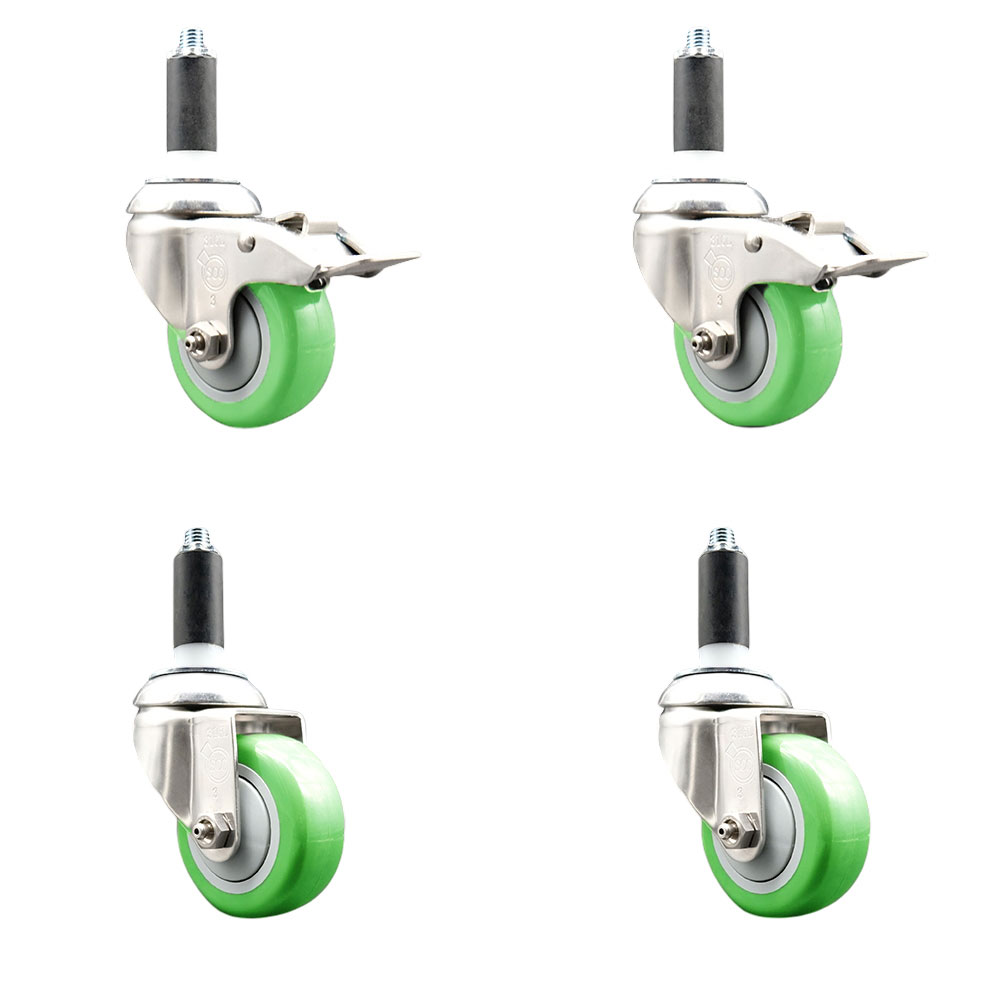 Polyurethane Swivel Stem Caster with 3.5 in. Green Caster Wheels, 1.13 in. Expanding Stem - 316 Stainless Steel Casters - Set of 4