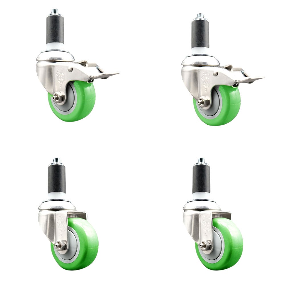 Polyurethane Swivel Stem Caster with 3.5 in. Green Caster Wheels, 1.38 in. Expanding Stem - 316 Stainless Steel Casters - Set of 4