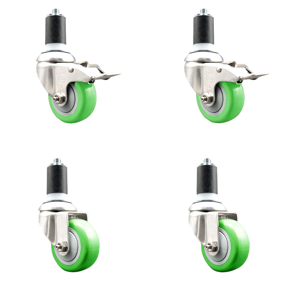 Polyurethane Swivel Stem Caster with 3.5 in. Green Caster Wheels, 1.63 in. Expanding Stem - 316 Stainless Steel Casters - Set of 4