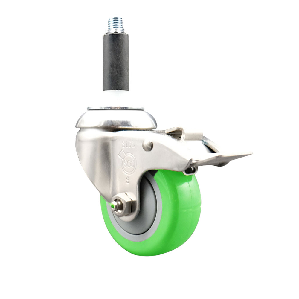 Polyurethane Swivel Stem Caster with 3.5 in. Green Caster Wheels & Total Lock Brake, 0.75 in. Expanding Stem - 316 Stainless Steel Caster