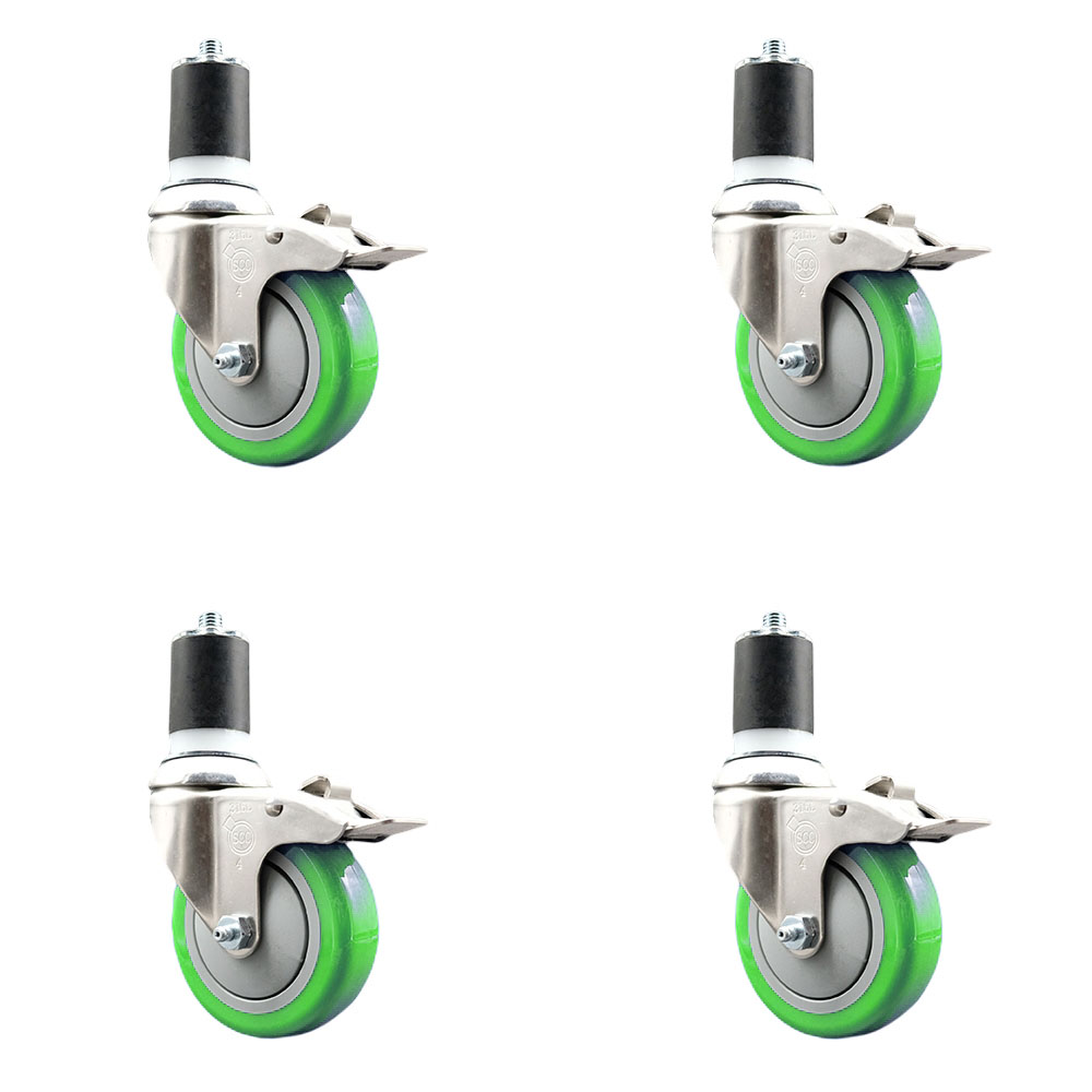 Polyurethane Swivel Stem Caster with 4 in. Green Caster Wheels, 1.75 in. Expanding Stems - 316 Stainless Steel Casters - Set of 4
