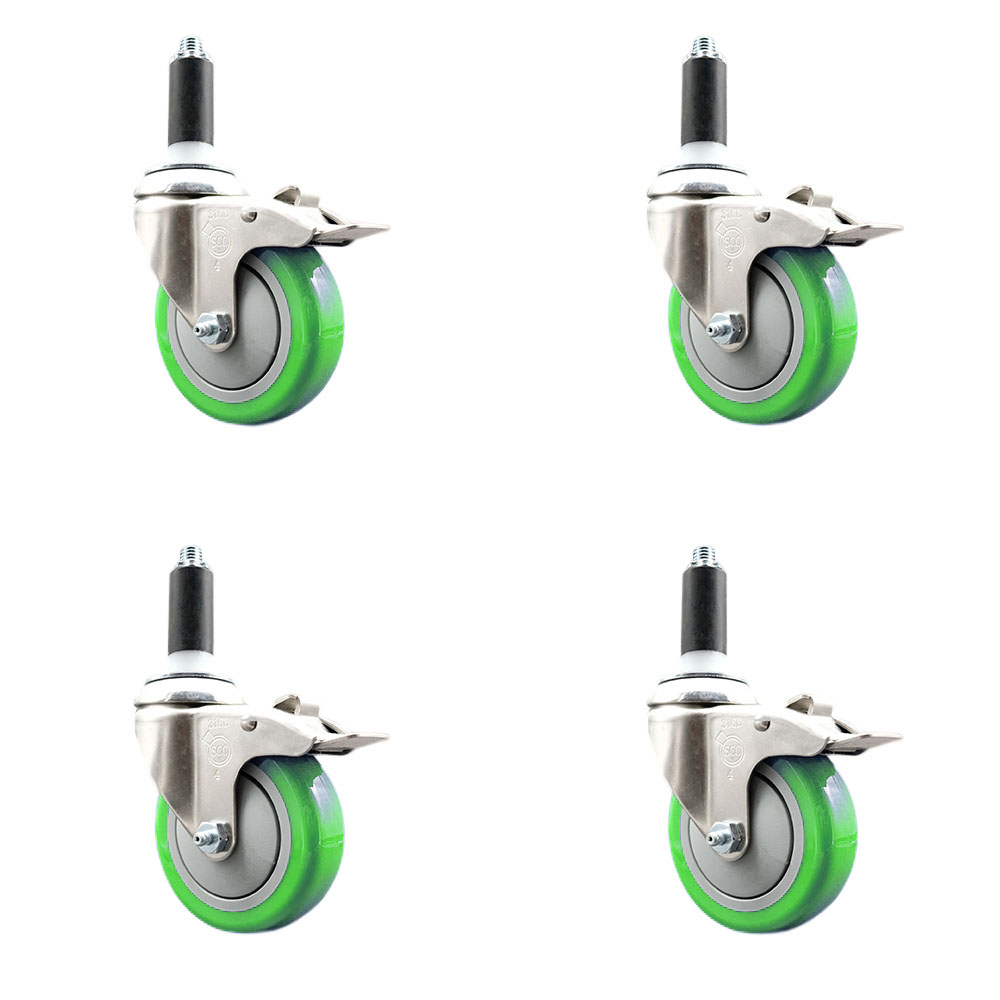 Polyurethane Swivel Stem Caster with 4 in. Green Caster Wheels, 1 in. Expanding Stems - 316 Stainless Steel Casters - Set of 4