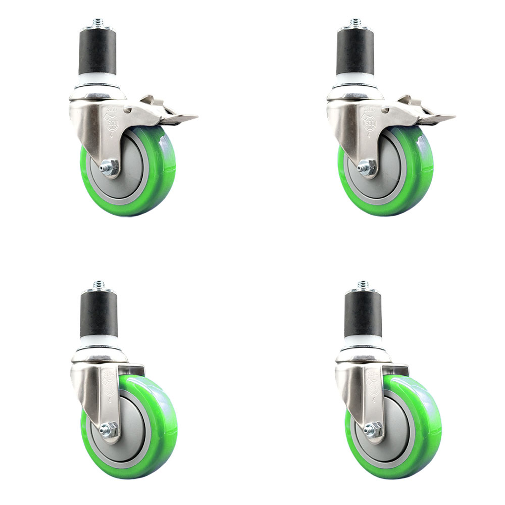 Polyurethane Swivel Stem Caster with 4 in. Green Caster Wheels, 1.87 in. Expanding Stem - 316 Stainless Steel Casters - Set of 4