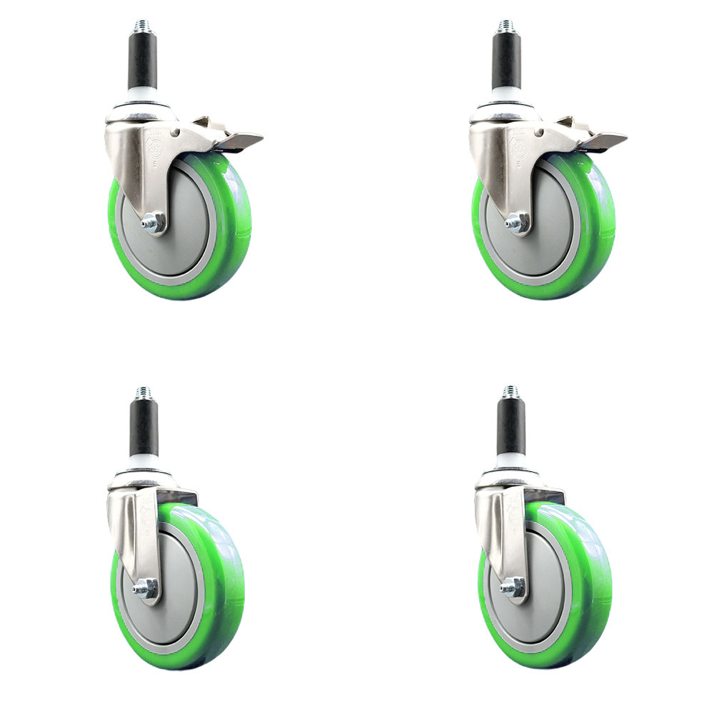 Polyurethane Swivel Stem Caster with 5 in. Green Caster Wheels, 1.13 in. Expanding Stem - 316 Stainless Steel Casters - Set of 4
