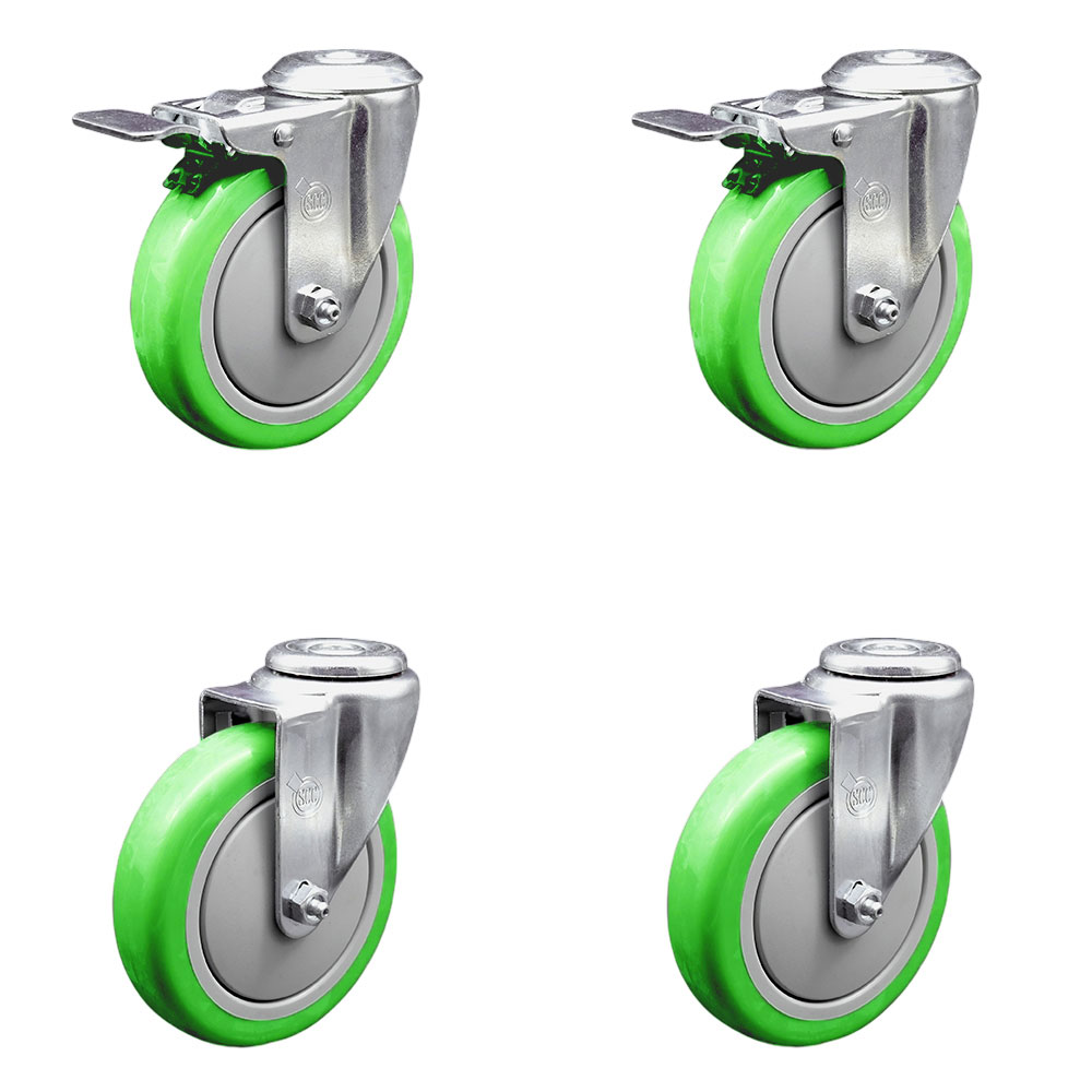 SCC-SSBHTTL20S514-PPUB-GRN-2-S-2 Stainless Steel Polyurethane Swivel Bolt Hole Caster with 5 x 1.25 in. Green Wheels - Set of 4