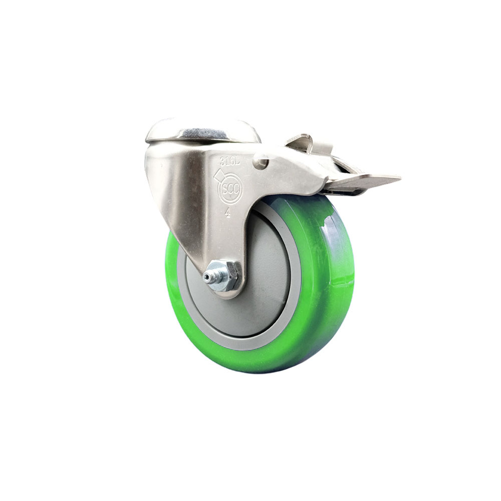 SCC-SS316BHTTL20S414-PPUB-GRN Polyurethane Swivel Bolt Hole Caster with 4 in. Green Caster Wheel & Total Lock Brake - 316 Stainless Steel Caster