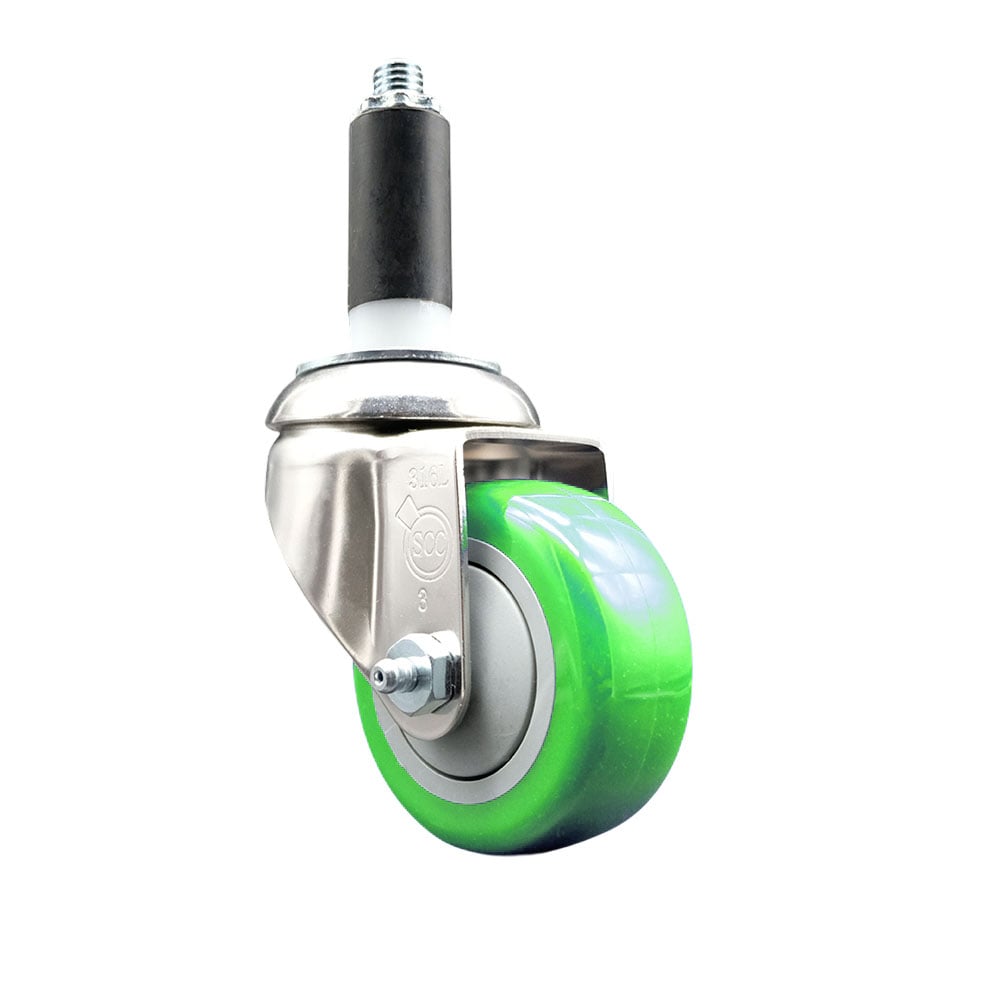 Polyurethane Swivel Stem Caster with 3 in. Green Caster Wheels, 1.13 in. Expanding Stem - 316 Stainless Steel Caster