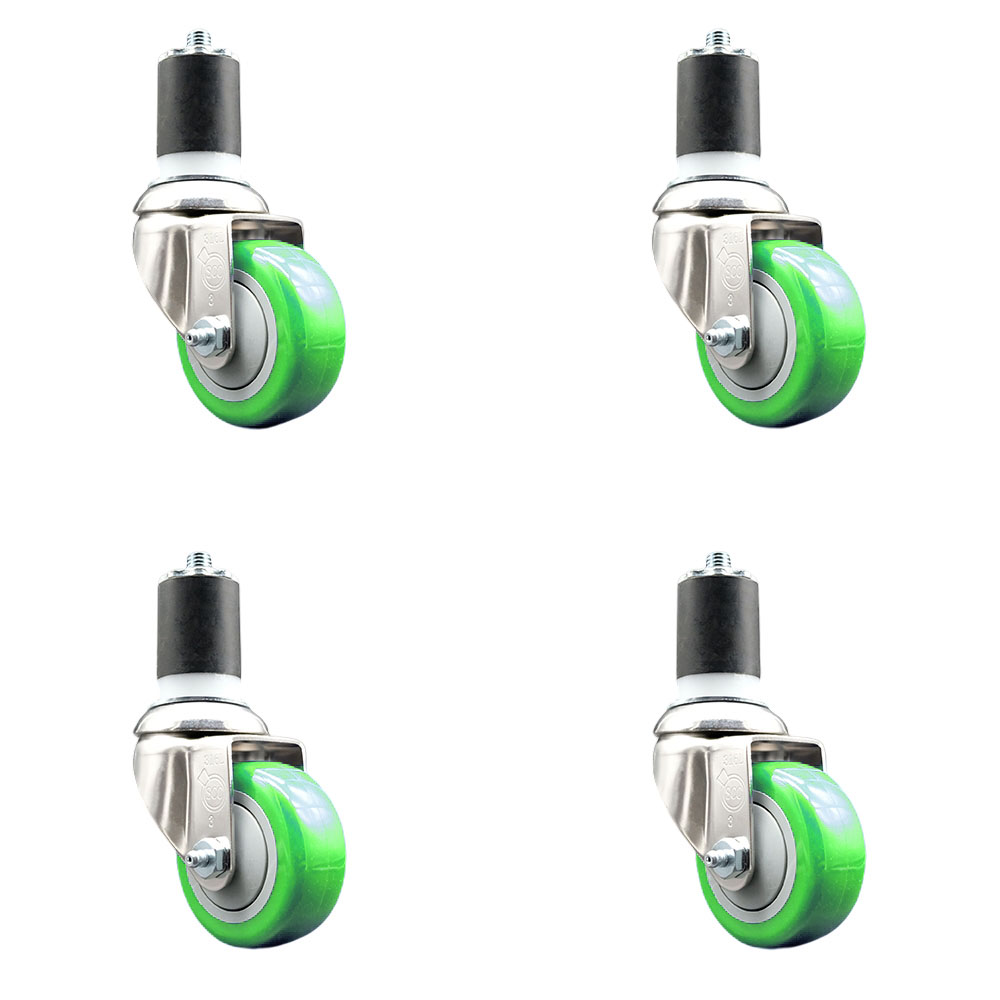 Polyurethane Swivel Stem Caster with 3 in. Green Caster Wheels, 1.87 in. Expanding Stems - 316 Stainless Steel Casters - Set of 4