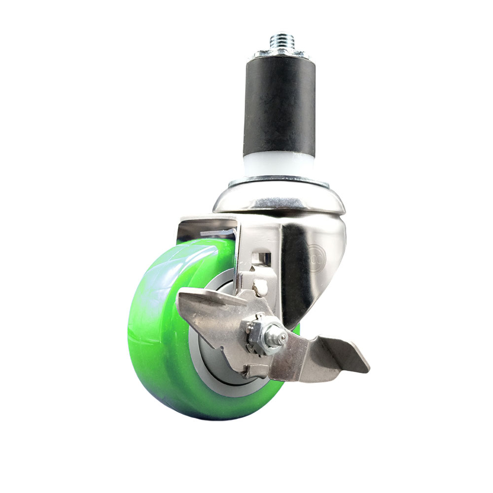 Polyurethane Swivel Stem Caster with 3 in. Green Caster Wheels & Top Lock Brake, 1.5 in. Expanding Stem - 316 Stainless Steel Caster