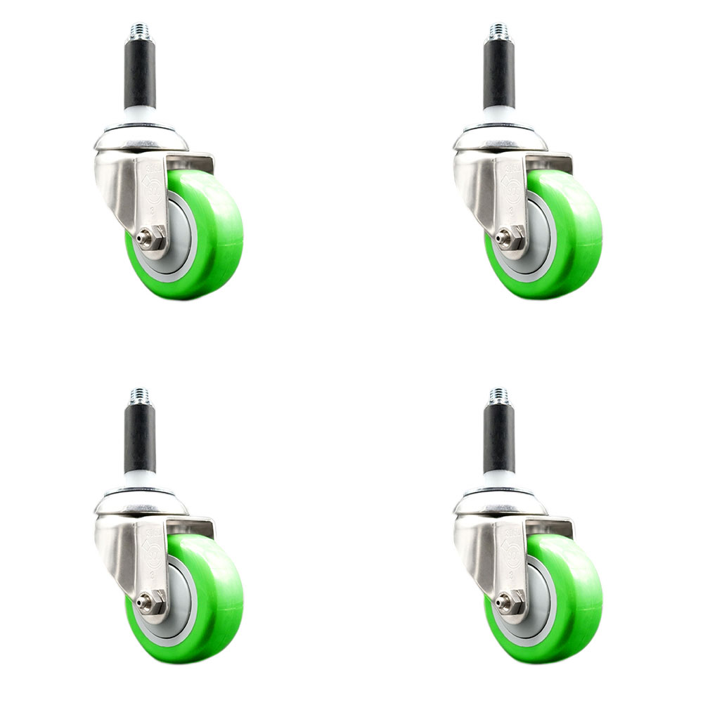 Polyurethane Swivel Stem Caster with 3.5 in. Green Caster Wheels, 0.75 in. Expanding Stems - 316 Stainless Steel Casters - Set of 4