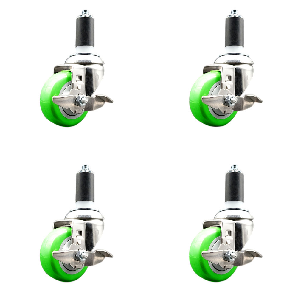 Polyurethane Swivel Stem Caster with 3.5 in. Green Caster Wheels, 1.38 in. Expanding Stems - 316 Stainless Steel Casters - Set of 4