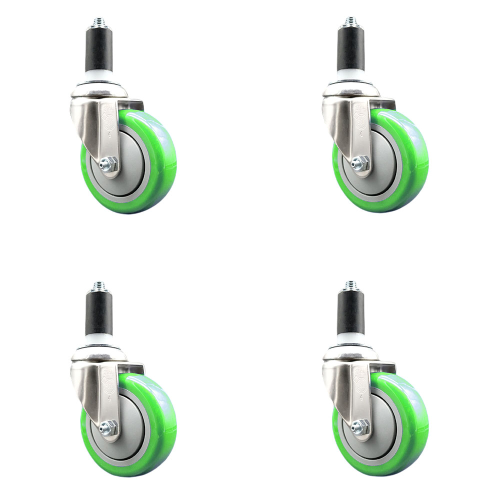 Polyurethane Swivel Stem Caster with 4 in. Green Caster Wheels, 1.38 in. Expanding Stems - 316 Stainless Steel Casters - Set of 4