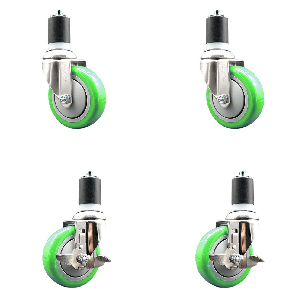 Polyurethane Swivel Stem Caster with 4 in. Green Caster Wheels, 1.87 in. Expanding Stems - 316 Stainless Steel Casters - Set of 4
