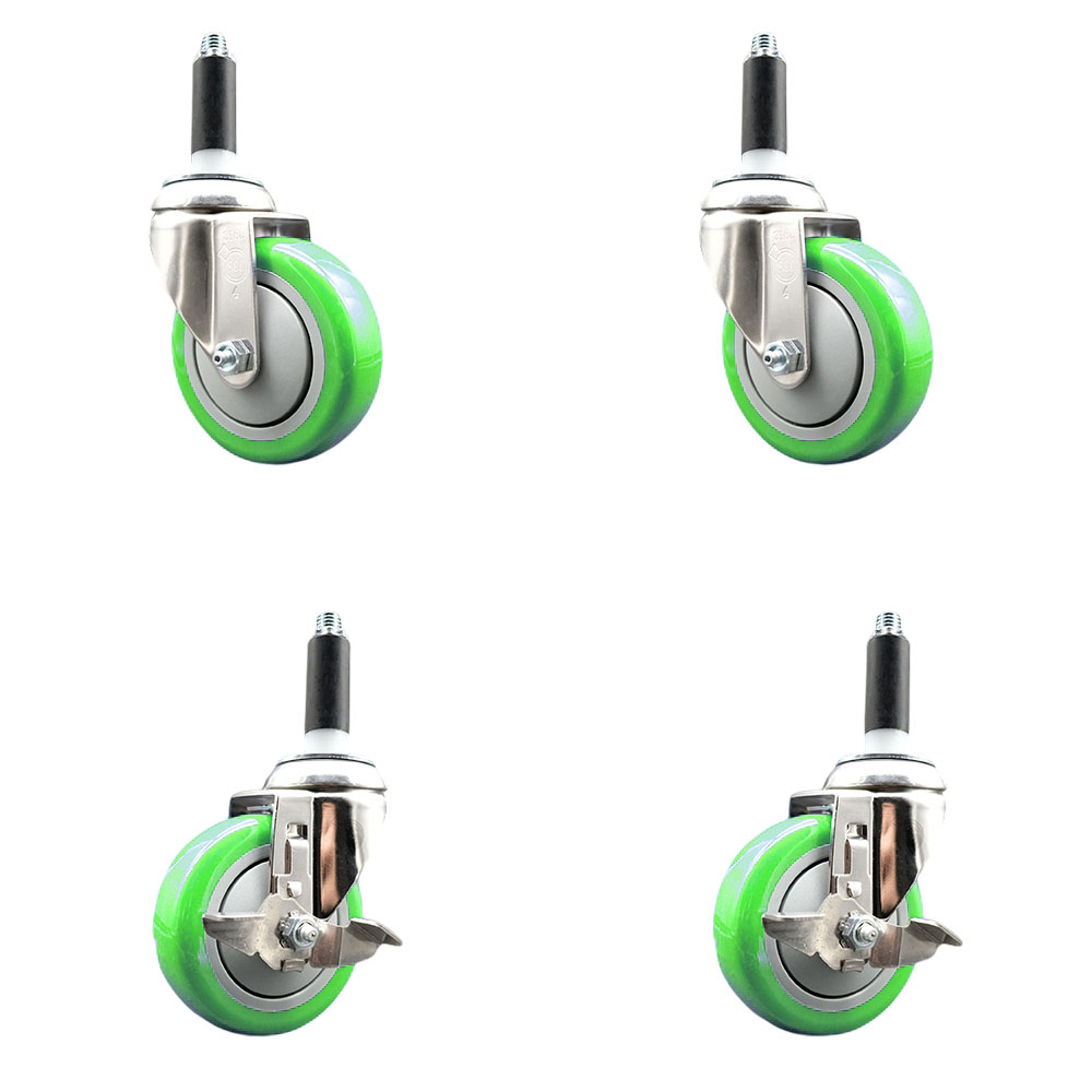 Polyurethane Swivel Stem Caster with 4 in. Green Caster Wheels, 0.75 in. Expanding Stems - 316 Stainless Steel Casters - Set of 4