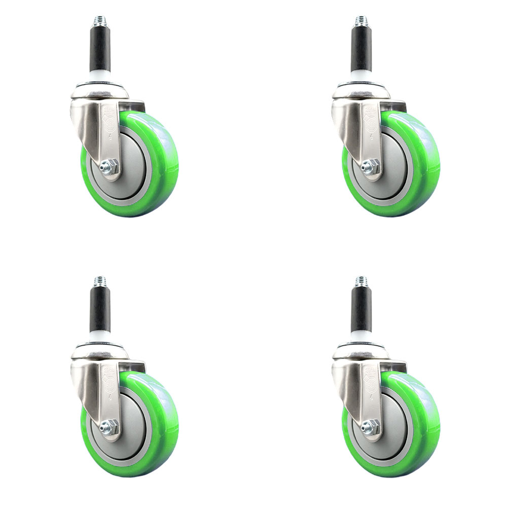 Polyurethane Swivel Stem Caster with 4 in. Green Caster Wheels, 0.87 in. Expanding Stems - 316 Stainless Steel Casters - Set of 4