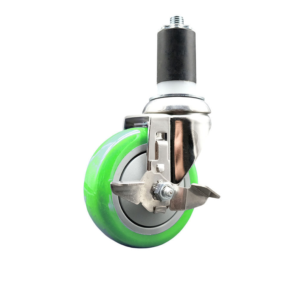 Polyurethane Swivel Stem Caster with 4 in. Green Caster Wheels & Top Lock Brake, 1.5 in. Expanding Stem - 316 Stainless Steel Caster