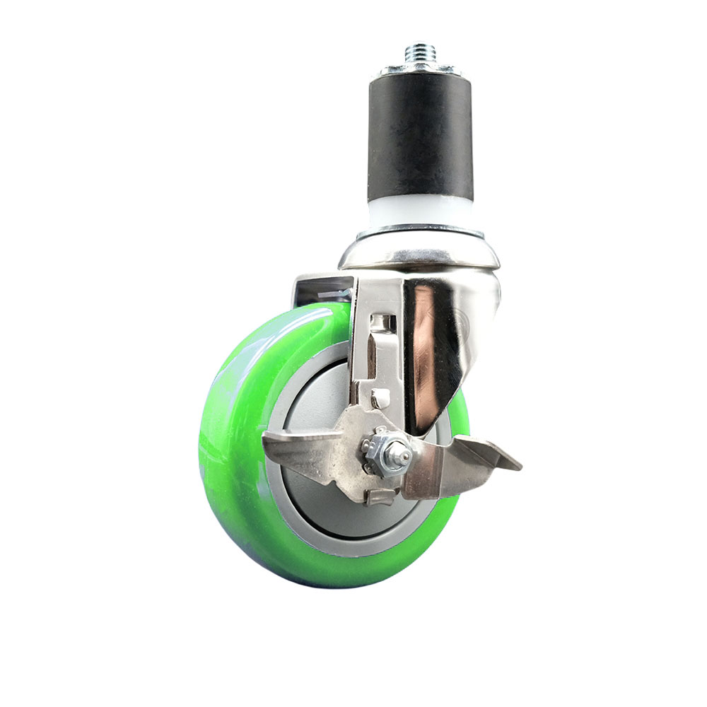 Polyurethane Swivel Stem Caster with 4 in. Green Caster Wheels & Top Lock Brake, 1.87 in. Expanding Stem - 316 Stainless Steel Caster