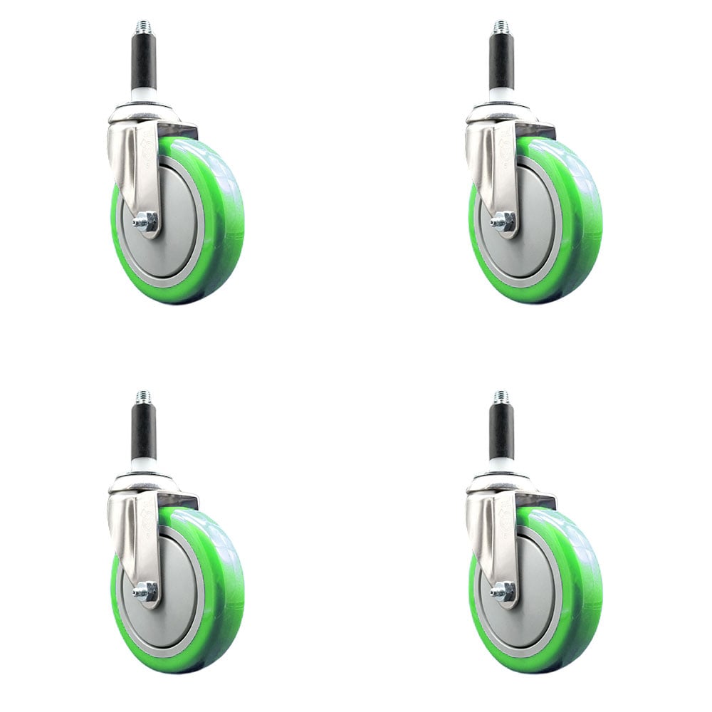 Polyurethane Swivel Stem Caster with 5 in. Green Caster Wheels, 0.87 in. Expanding Stems - 316 Stainless Steel Casters - Set of 4