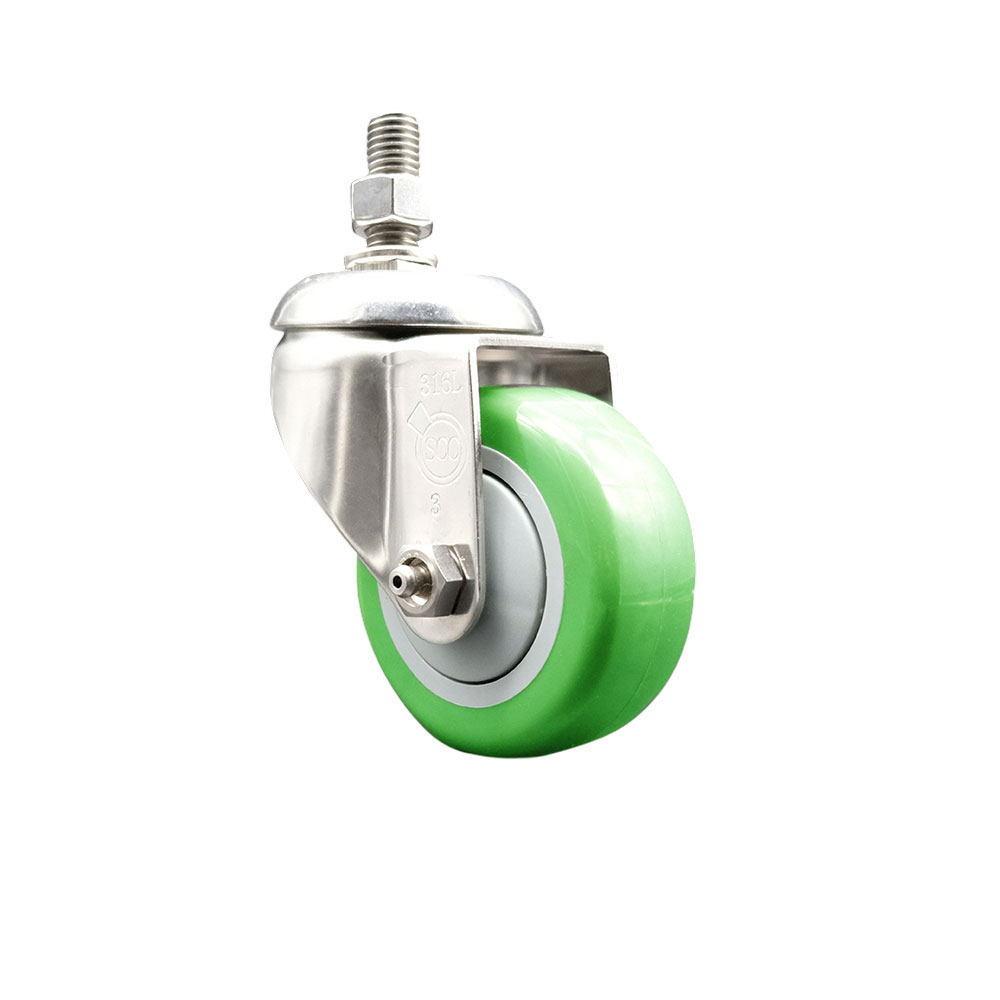 Polyurethane Swivel Stem Caster with 3.5 in. Green Caster Wheels, 0.5 in. Threaded Stem - 316 Stainless Steel Caster