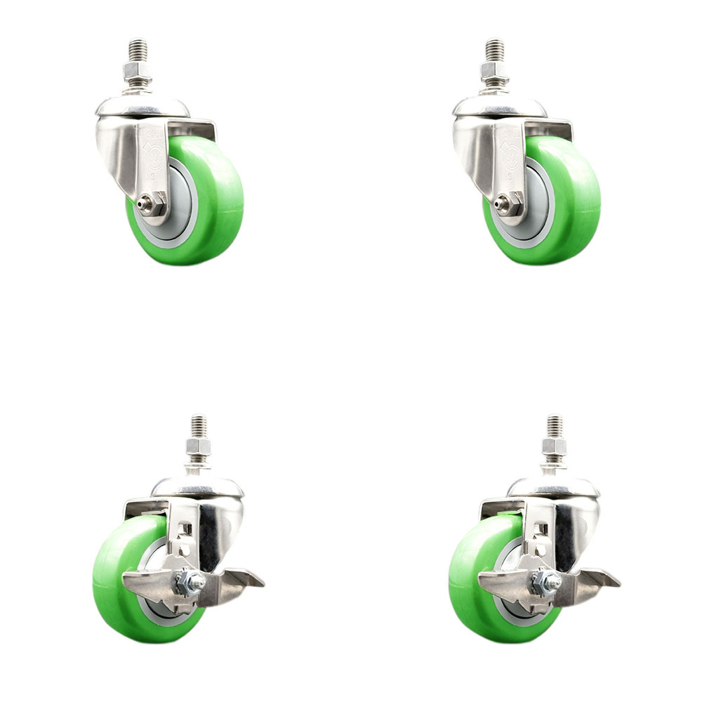 Poly Swivel Stem Caster with 3.5 in. Green Caster Wheels, 10 mm Threaded Stems - 316 Stainless Steel Casters - Set of 4