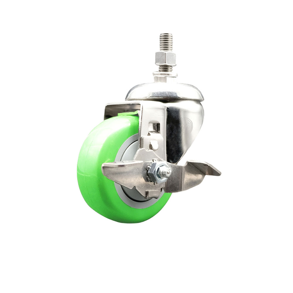 Polyurethane Swivel Stem Caster with 3.5 in. Green Caster Wheels & Top Lock Brake, 0.5 in. Threaded Stem - 316 Stainless Steel Caster