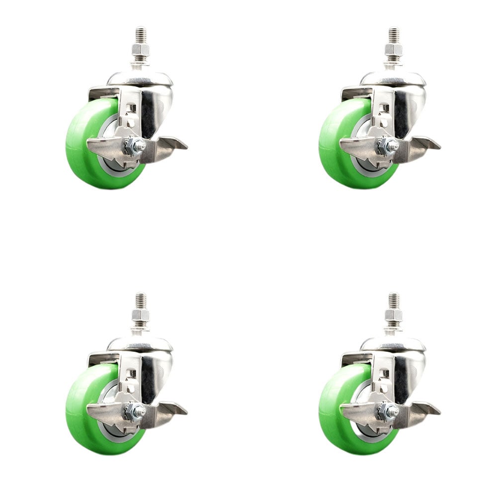 Polyurethane Swivel Stem Caster with 3.5 in. Green Caster Wheels, 0.5 in. Threaded Stems - 316 Stainless Steel Casters - Set of 4