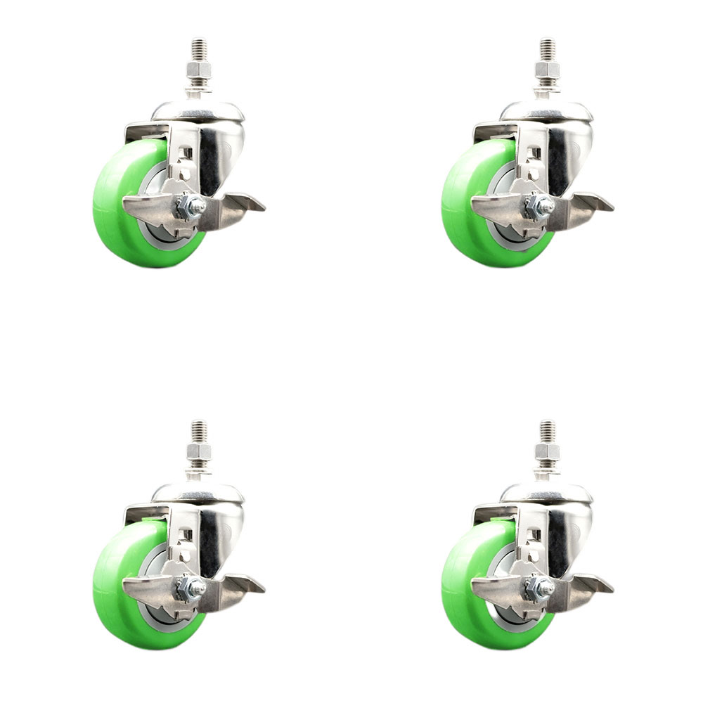 Polyurethane Swivel Stem Caster with 3.5 in. Green Caster Wheels, 12 mm Threaded Stems - 316 Stainless Steel Casters - Set of 4