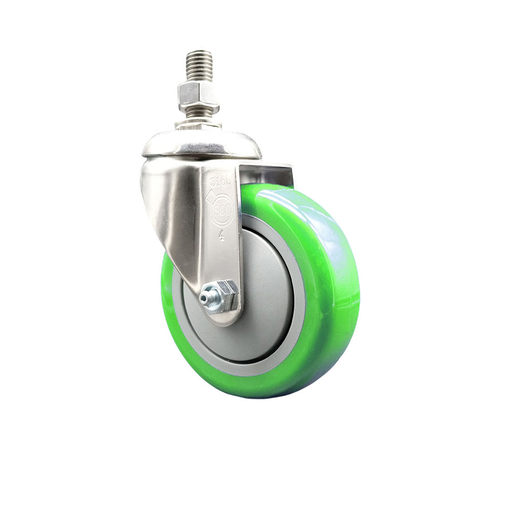 Polyurethane Swivel Stem Caster with 4 in. Green Caster Wheels, 0.38 in. Threaded Stem - 316 Stainless Steel Caster