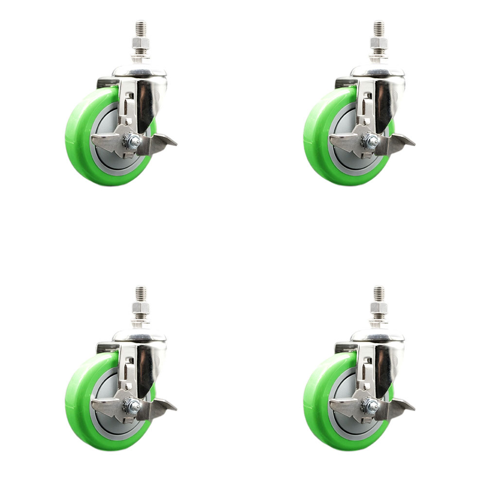 Polyurethane Swivel Stem Caster with 4 in. Green Caster Wheels, 10 mm Threaded Stems - 316 Stainless Steel Casters - Set of 4
