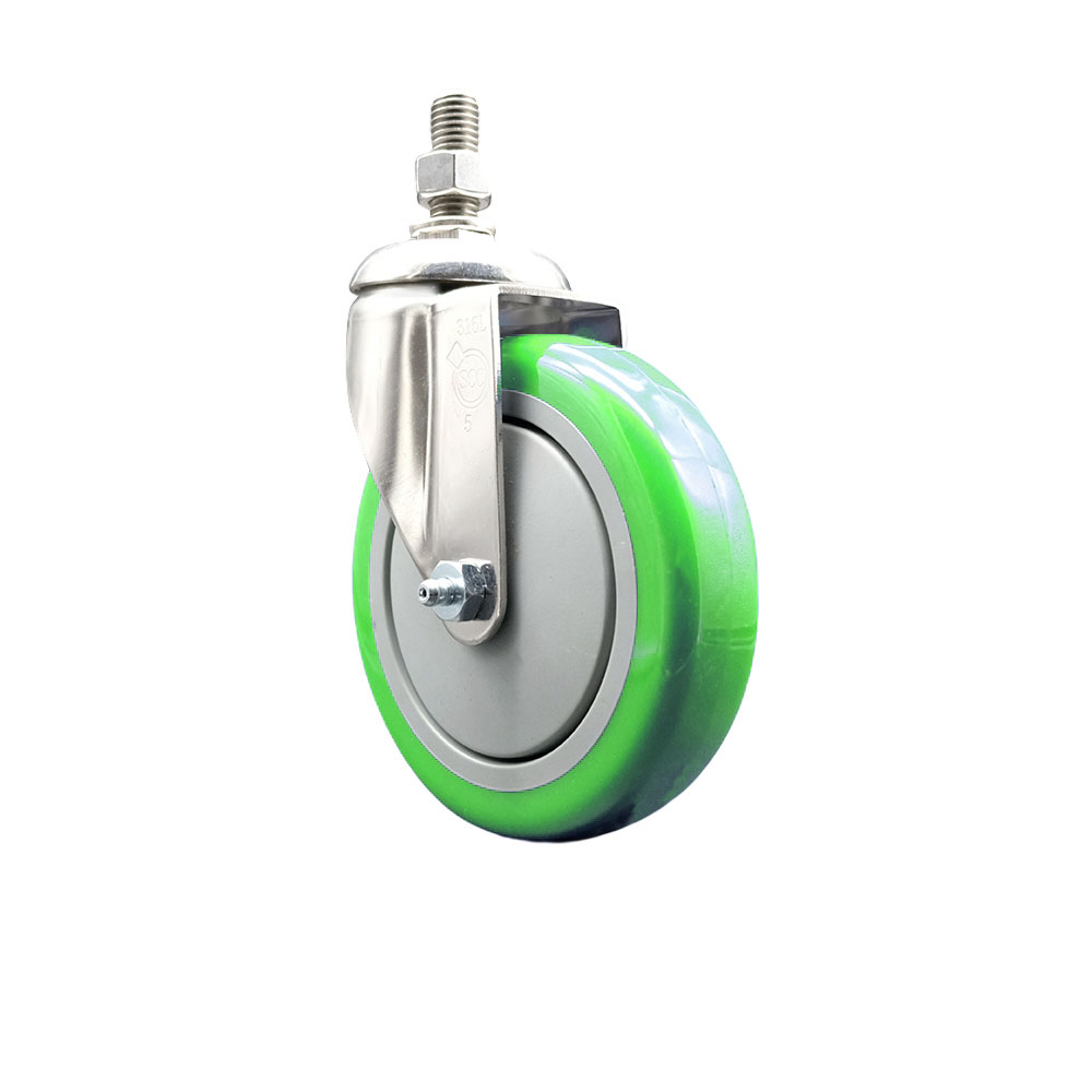 Polyurethane Swivel Stem Caster with 5 in. Green Caster Wheels, 0.5 in. Threaded Stem - 316 Stainless Steel Caster
