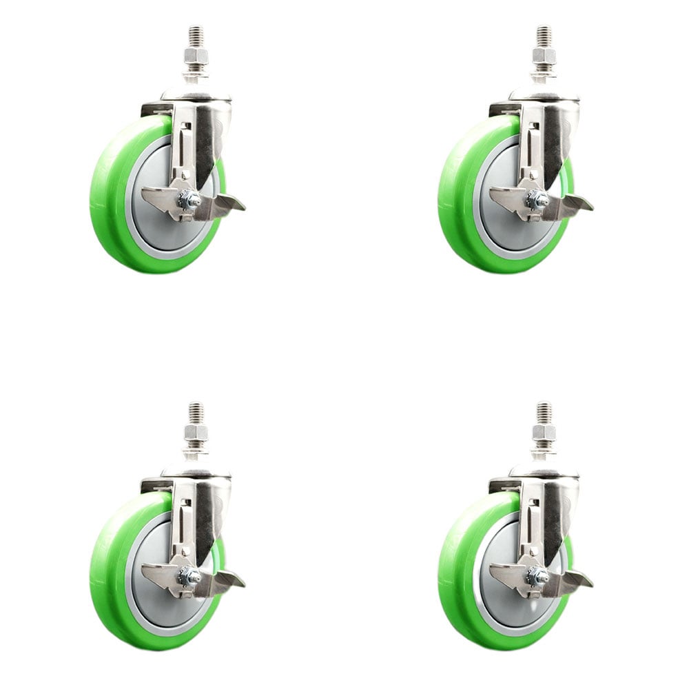 Polyurethane Swivel Stem Caster with 5 in. Green Caster Wheels, 0.5 in. Threaded Stems - 316 Stainless Steel Casters - Set of 4