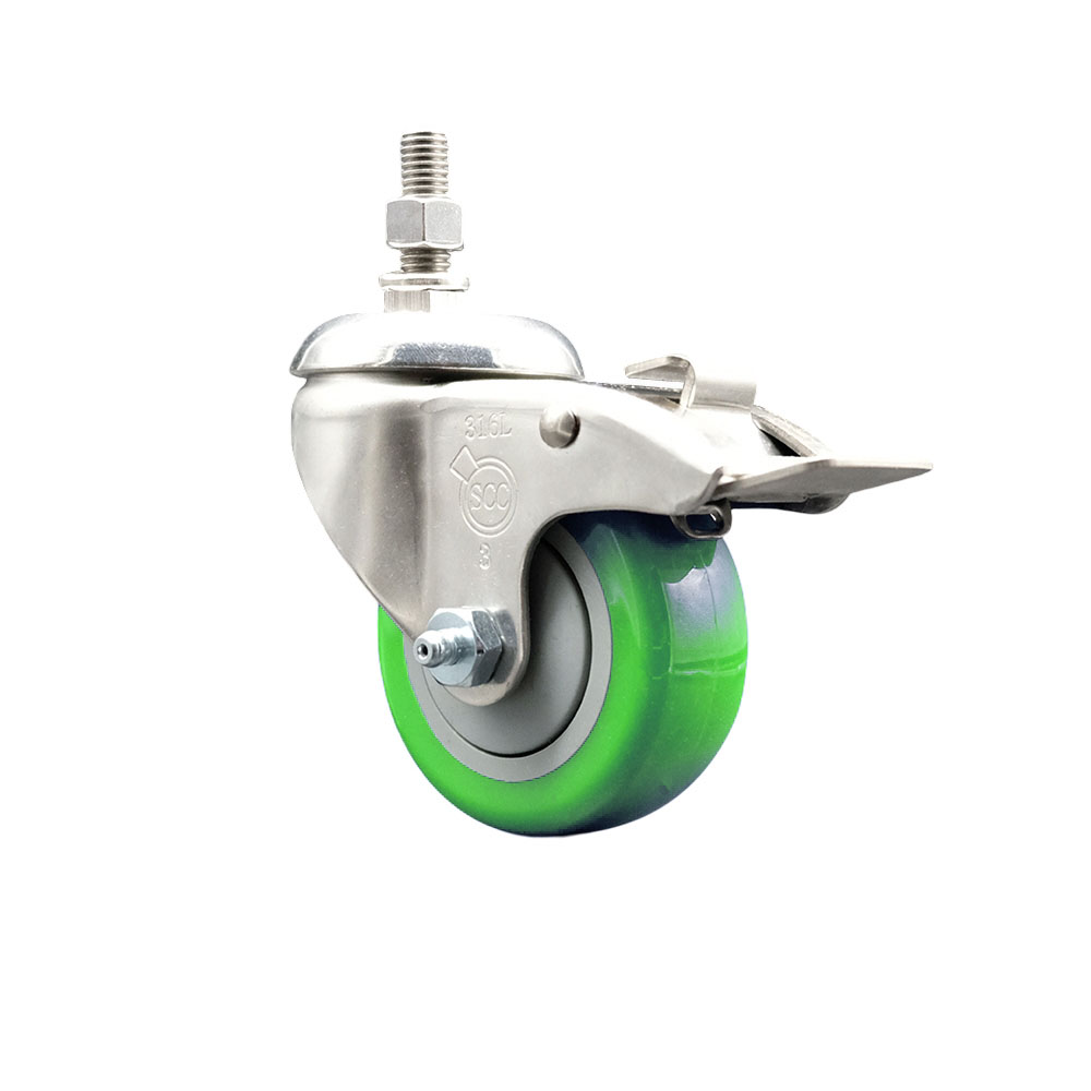 Polyurethane Swivel Stem Caster with 3 in. Green Caster Wheels & Total Lock Brake, 12 mm Threaded Stem - 316 Stainless Steel Caster