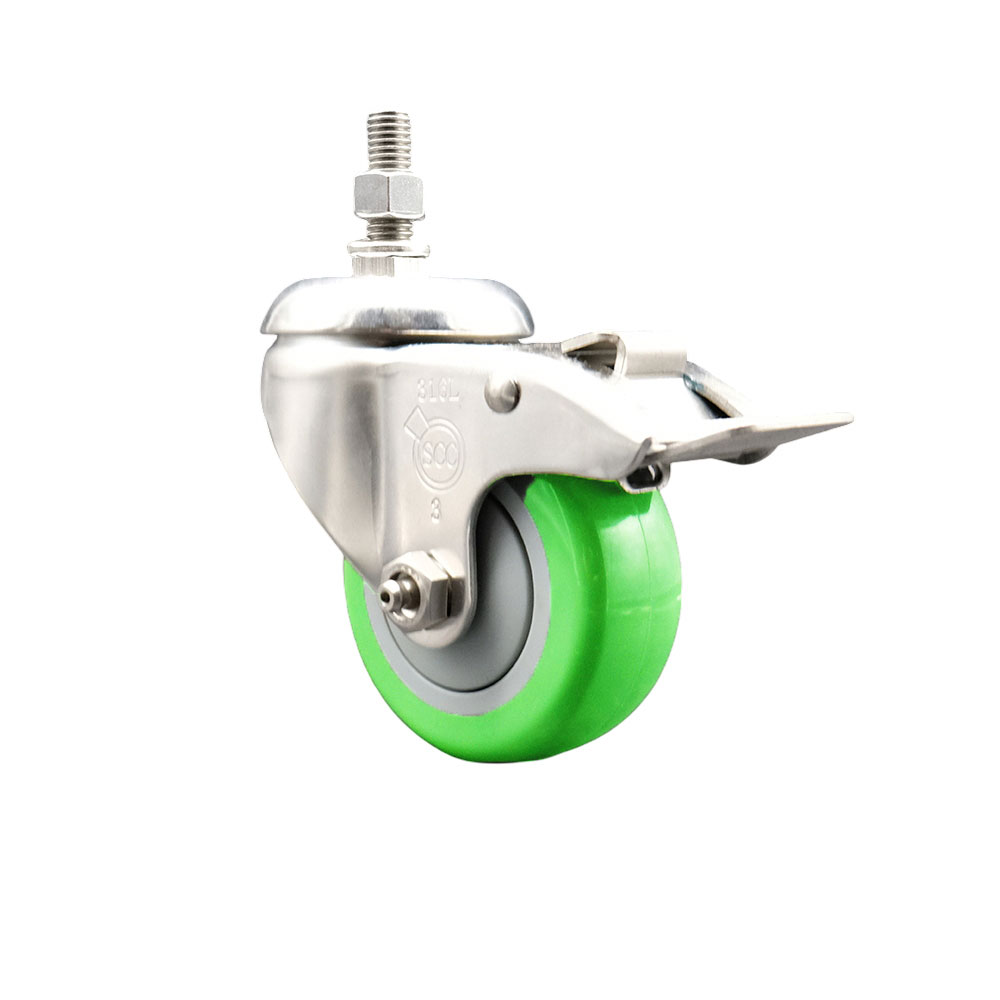 Polyurethane Swivel Stem Caster with 3.5 in. Green Caster Wheels & Total Lock Brake, 0.5 in. Threaded Stem - 316 Stainless Steel Caster