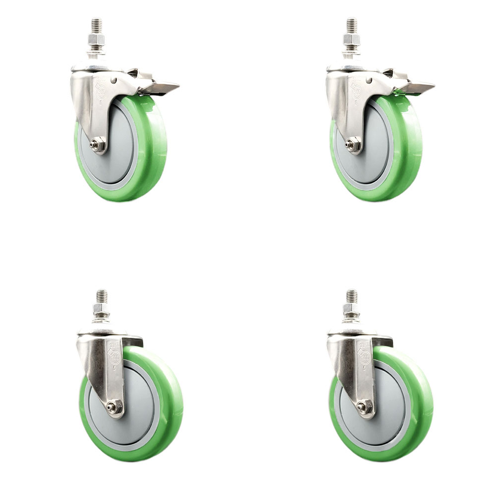 Poly Swivel Stem Caster with 5 in. Green Caster Wheels, 12 mm Threaded Stems - 316 Stainless Steel Casters - Set of 4