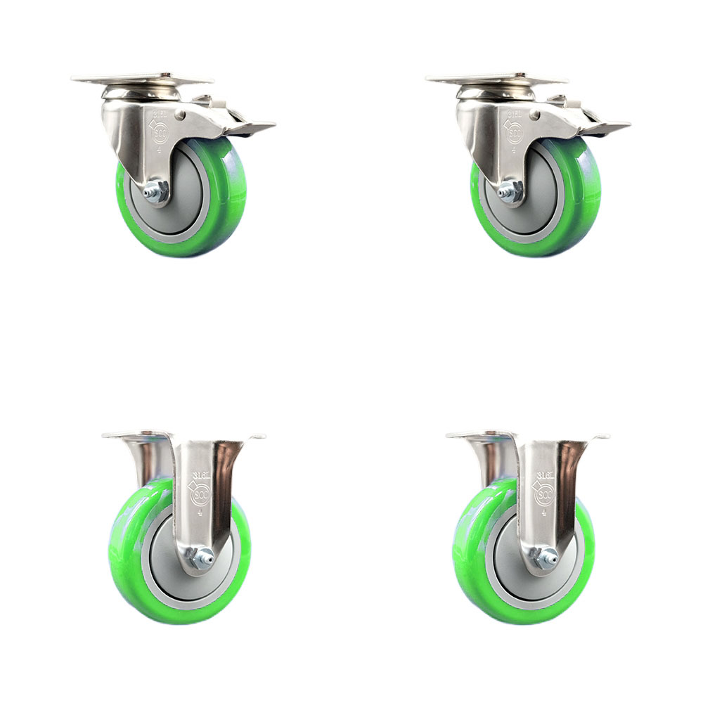 SCC-SS316TTL20S414-PPUB-GRN-2-R-2 Polyurethane Swivel Top Plate Caster with 4 in. 316 Stainless Steel Green Wheels - Set of 4