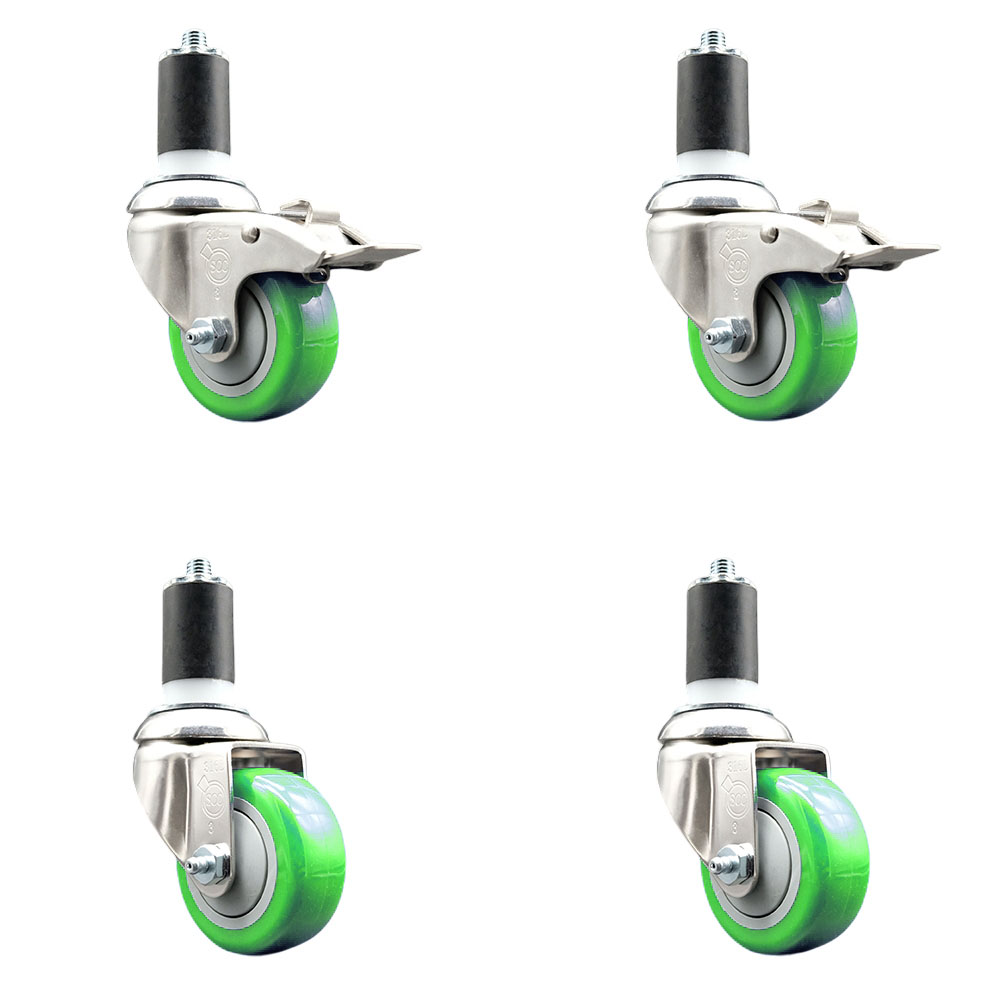 Polyurethane Swivel Stem Caster with 3 in. Green Caster Wheels, 1.63 in. Expanding Stem - 316 Stainless Steel Casters - Set of 4