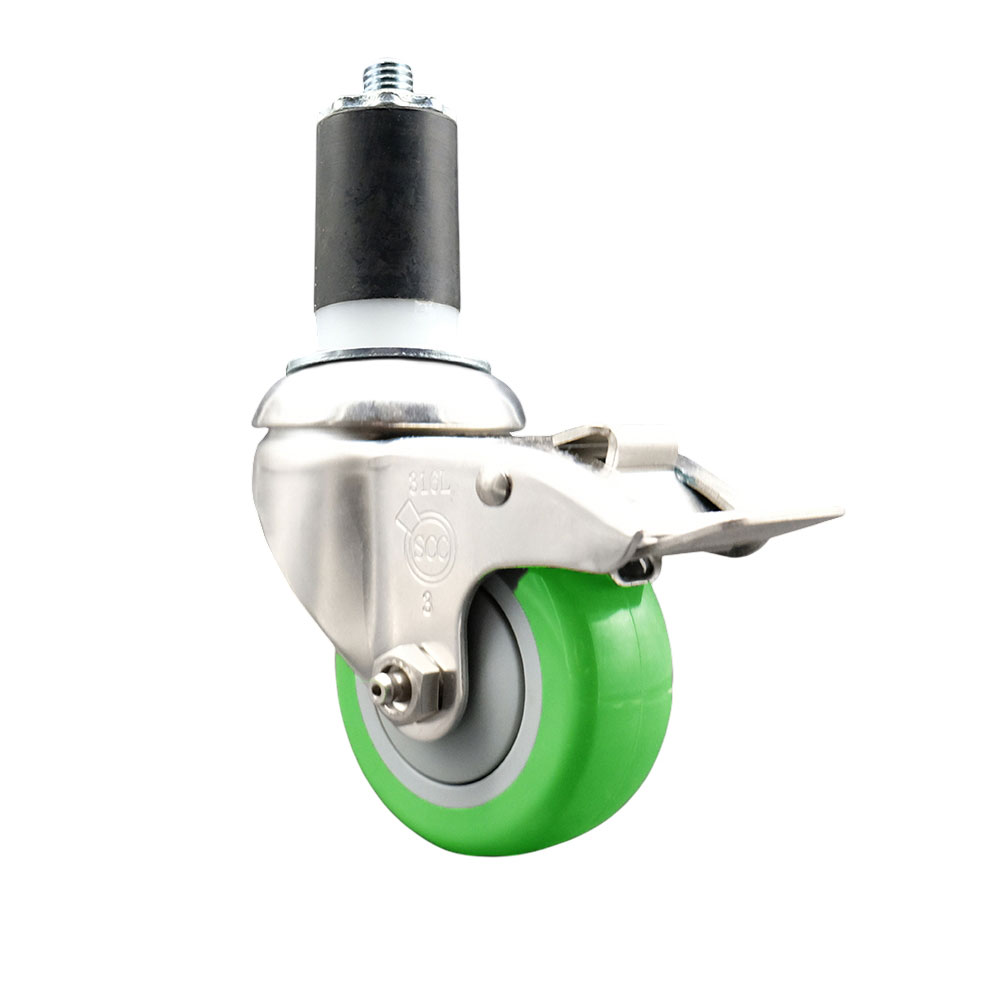 Polyurethane Swivel Stem Caster with 3.5 in. Green Caster Wheels & Total Lock Brake, 1.5 in. Expanding Stem - 316 Stainless Steel Caster