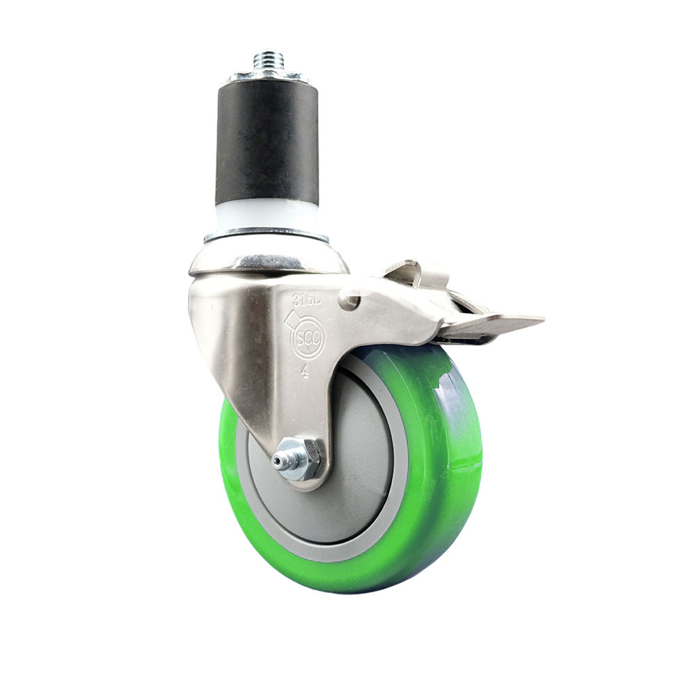 Polyurethane Swivel Stem Caster with 4 in. Green Caster Wheels & Total Lock Brake, 1.75 in. Expanding Stem - 316 Stainless Steel Caster