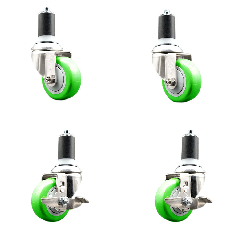 Polyurethane Swivel Stem Caster with 3.5 in. Green Caster Wheels, 1.5 in. Expanding Stems - 316 Stainless Steel Casters - Set of 4
