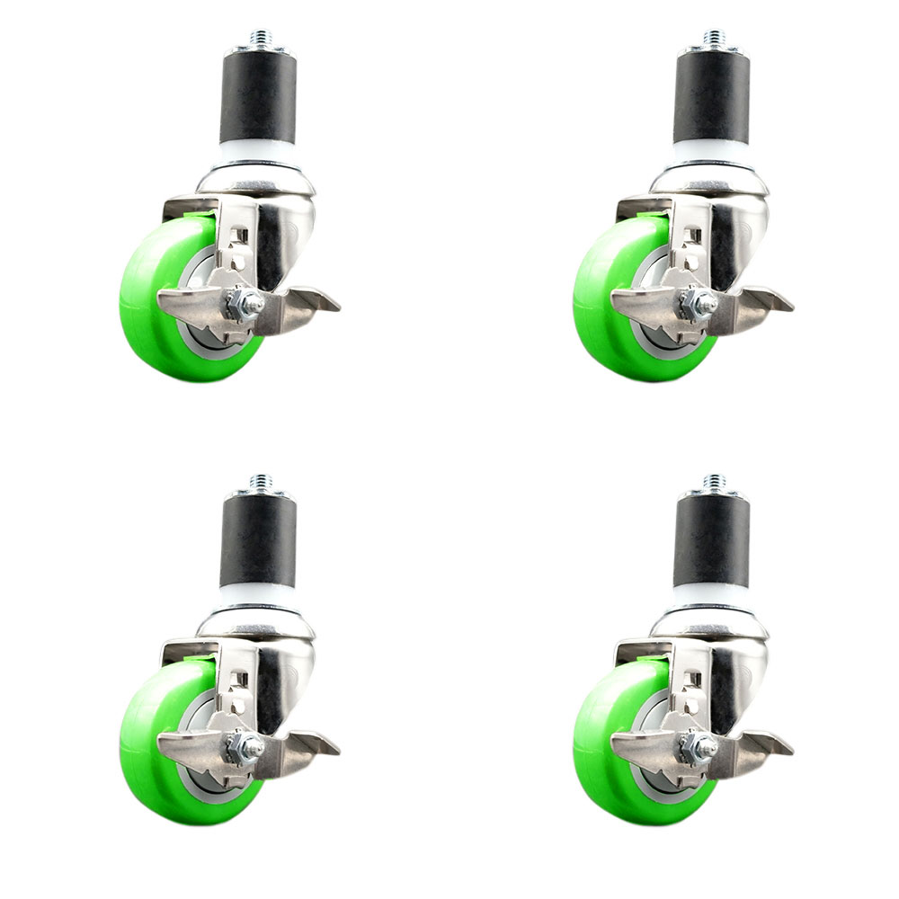 Polyurethane Swivel Stem Caster with 3.5 in. Green Caster Wheels, 1.75 in. Expanding Stems - 316 Stainless Steel Casters - Set of 4