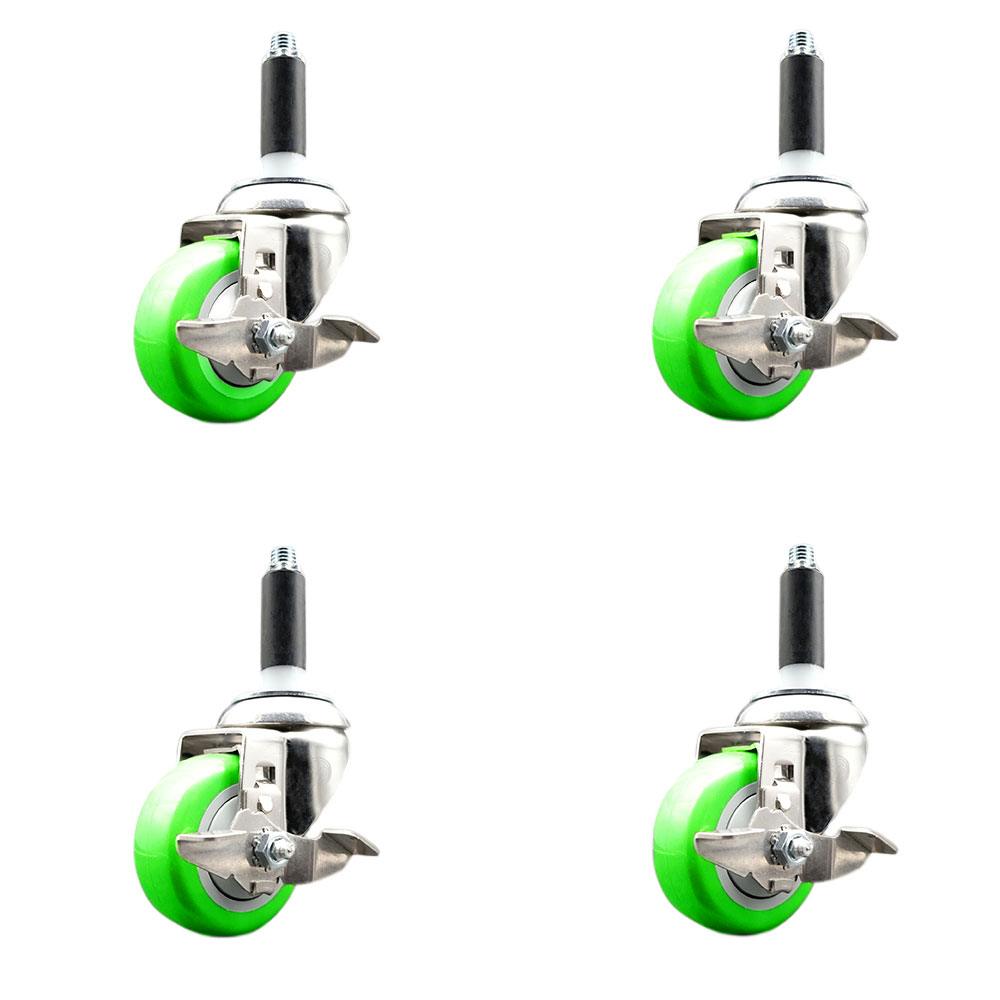 Polyurethane Swivel Stem Caster with 3.5 in. Green Caster Wheels, 0.87 in. Expanding Stems - 316 Stainless Steel Casters - Set of 4
