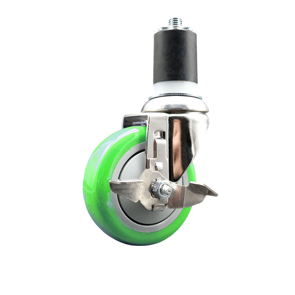 Polyurethane Swivel Stem Caster with 4 in. Green Caster Wheels & Top Lock Brake, 1.75 in. Expanding Stem - 316 Stainless Steel Caster