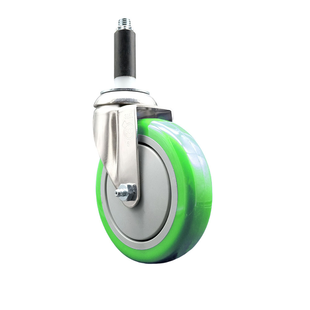 Polyurethane Swivel Stem Caster with 5 in. Green Caster Wheels, 0.75 in. Expanding Stem - 316 Stainless Steel Caster